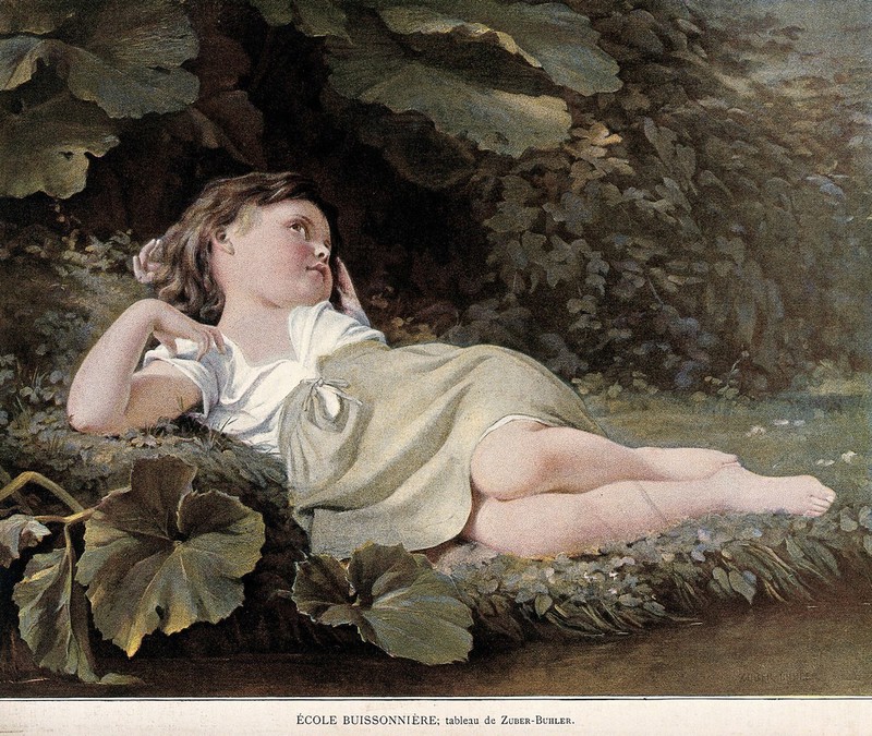 A girl playing truant from school lies on the bank of a stream. Colour process print after F. Zuber-Buhler., by Fritz Zuber-Buhler