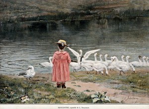 view A girl encounters a flock of birds at the edge of a lake. Colour process print after L. Delachaux.