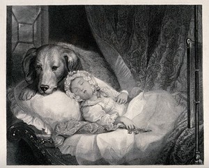 view A young child is asleep guarded by a large dog. Engraving.