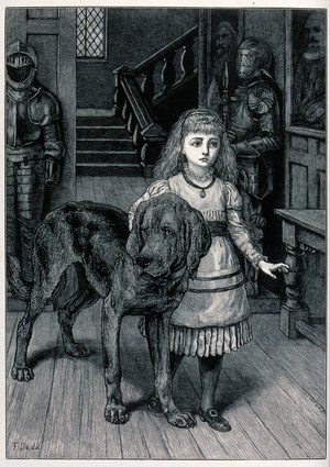 view A girl and a dog walk through a hall lined with suits of armour. Wood engraving by H. Linton after F. Dadd.