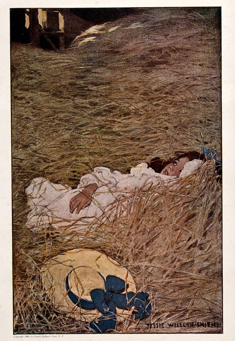 A girl lies in a hayloft with her discarded hat beside her. Colour process print after Jessie Wilcox-Smith., 1906, by Jessie Willcox Smith