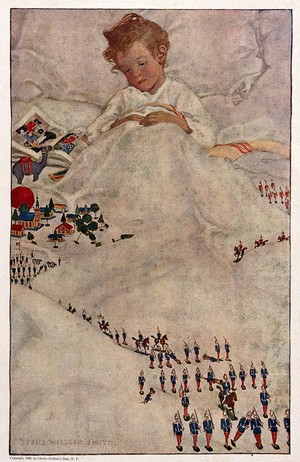 view A boy lies in bed abou to fall asleep with an army of toy soldiers on the counterpane. Colour process print after Jessie Wilcox-Smith.