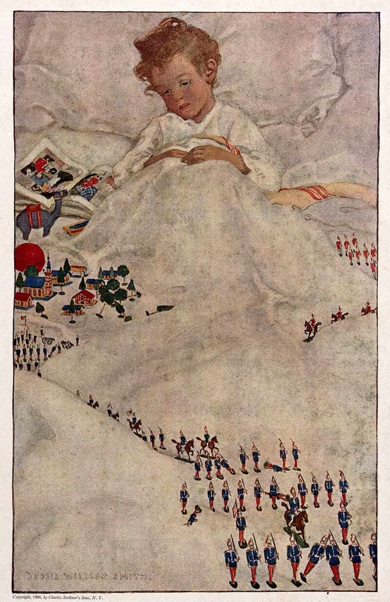 A boy lies in bed abou to fall asleep with an army of toy soldiers on the counterpane. Colour process print after Jessie Wilcox-Smith., 1906, by Jessie Willcox Smith