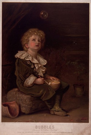 view A boy sits on a stone with a bowl and a bubble pipe. Chromolithograph after J.E. Millais.