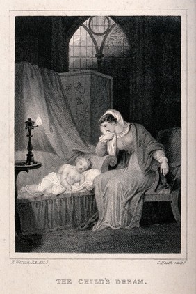 A mother sits by her child's bed and watches while it sleeps. Engraving by C. Heath after R. Westall R.A.