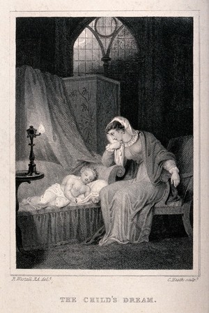 view A mother sits by her child's bed and watches while it sleeps. Engraving by C. Heath after R. Westall R.A.