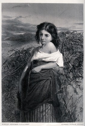 A young woman carrying a bundle of ferns on her back. Engraving by Edward Burton after Robert Herdman.