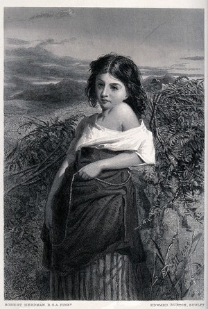 view A young woman carrying a bundle of ferns on her back. Engraving by Edward Burton after Robert Herdman.