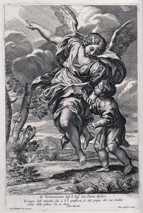 A boy with a guardian angel pointing to heaven. Engraving by P. Aquila after C. Maratti.