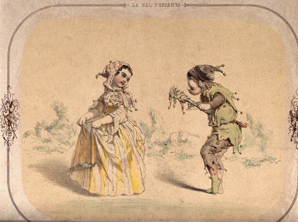 Two children dressed in jester's clothes perform a dance. Lithograph by C. Thielley, 1851, after E. de Beaumont.