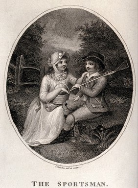 A girl holding a basket puts her hand on the shoulder of a boy carrying a gun. Stipple engraving by D. Madan after himself.