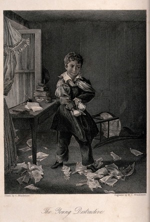 view A boy tears up his school textbooks in a fit of anger against his education. Engraving W.C. Wrankmore after C. Wrankmore.