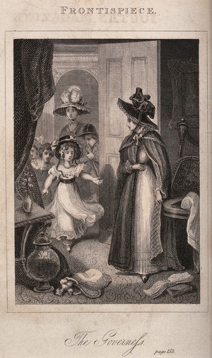 view A mother brings her children into the room to meet their governess. Engraving.
