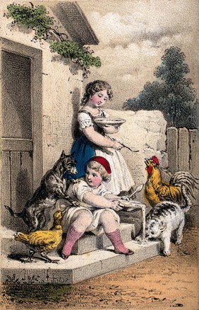 Two girls sit on a step, one is feeding her food to a cockerel and a cat takes advantage of the food spilling out of the other girl's dish. Lithograph.