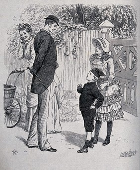 A boy accompanied by a girl is talking to a gentleman while a woman pushing a pram looks amused as she passes. Wood engraving by Swain after R.B..