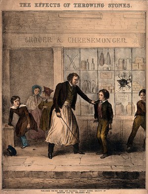 view A boy is caught by a shopkeeper and threatened with a stick as punishment for breaking a window. Coloured lithograph after J.R. Barfoot.