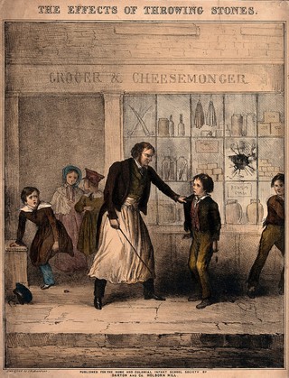 A boy is caught by a shopkeeper and threatened with a stick as punishment for breaking a window. Coloured lithograph after J.R. Barfoot.