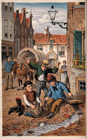 view A street scene with a horse and cart and three boys near a stream. Lithograph.