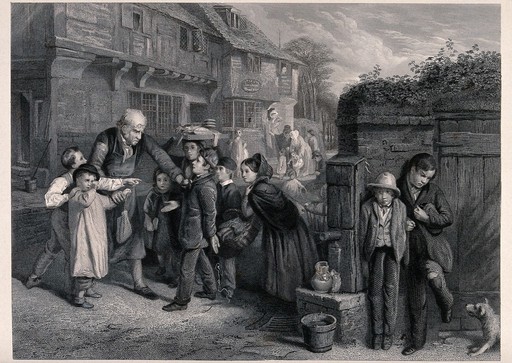 A young boy is accused of breaking a shop window while the real culprits hide behind a water pump. Engraving by H. Lemon after W.H.Knight.
