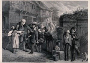 view A boy is accused of breaking a shop window while the real culprits hide behind a water pump. Engraving by H. Lemon after W.H.Knight.