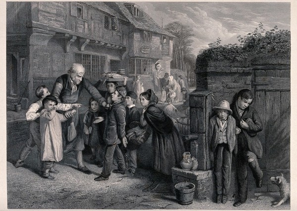 A boy is accused of breaking a shop window while the real culprits hide behind a water pump. Engraving by H. Lemon after W.H.Knight.