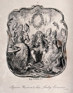 view A man seated on a chair holding a cup and saucer is surrounded by a group of women. Etching by George Cruikshank.