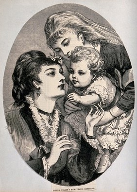 A child is held forward by a girl to be greeted by an older woman. Wood engraving.