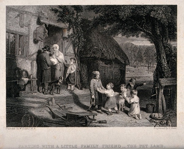 A family are saddened by the sale of their pet lamb. Engraving by C. Rolls after W. Collins, 1813.
