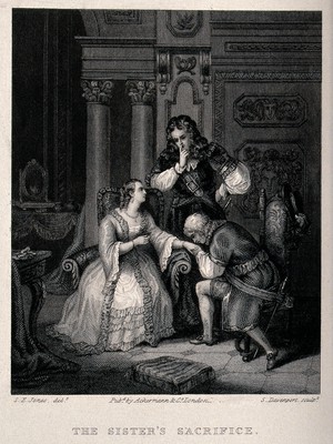 view A young woman in Genoa is being proposed to, watched anxiously by her brother. Engraving by S. Davenport after S.J.E. Jones.