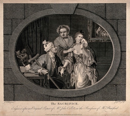 A young woman is weeping as she is being offered in marriage by her mother to a old, lame man. Engraving by J. Goldar after J. Collett