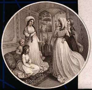 view Fatima, the wife of the Kahya at Adrianopolis, rises to greet Lady Mary Wortley Montagu while her two daughters remain seated. Stipple engraving after T. Stothard.