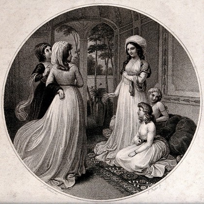 Fatima, the wife of the Kahya at Adrianopolis, rises to greet Lady Mary Wortley Montagu while her two daughters remain seated. Stipple engraving by J. Parker after T. Stothard.