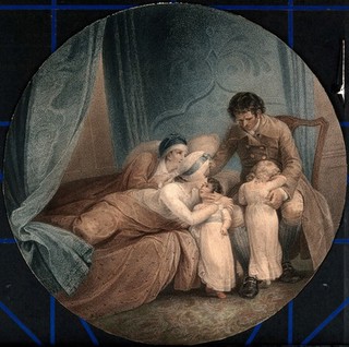 A man and a woman lying in bed appear to be consoling an older man and two young children. Coloured stipple engraving.