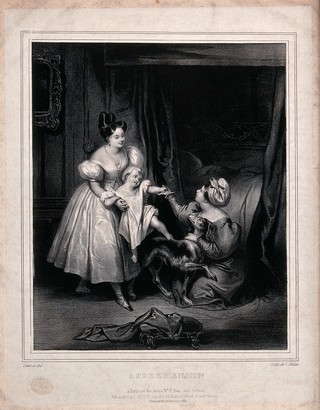 A child is being encouraged to be friendly with a dog, but is a little nervous. Lithograph by C. Motte after A. Deveria.