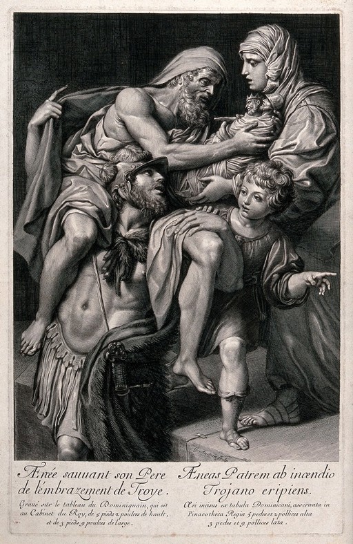 Aeneas is standing with his father Anchises on his shoulders as he rescues him from the fire of Troy, and he receives the household gods from his wife, Creusa. Engraving by G. Audran after Domenichino.
