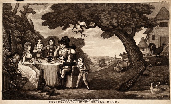 A family sits round a table having breakfast. Aquatint.