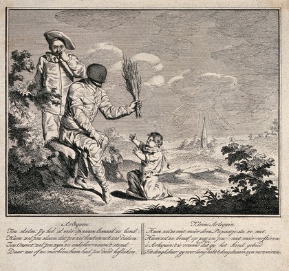 An episode in the childhood of the young Harlequin. Etching by G.J. Xavery.