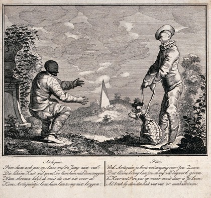 A scene from the childhood of the young Harlequin. Etching by G.J. Xavery.