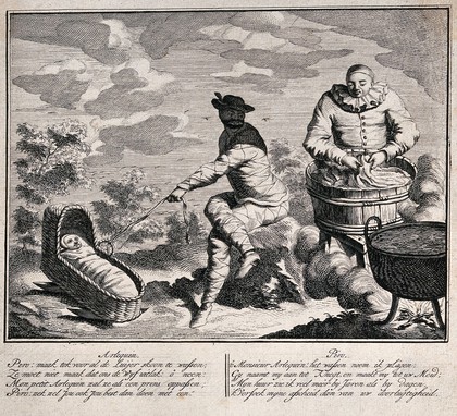 A scene from the childhood of the young Harlequin. Etching by G.J. Xavery.