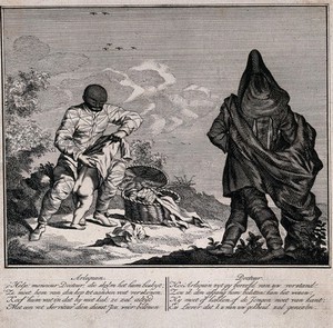 view A scene from the childhood of the young Harlequin. Etching by G.J. Xavery.