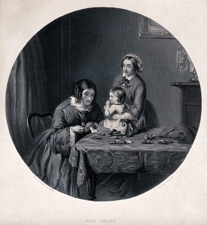 view A baby is sitting on a table having new shoes put on her feet. Engraving by H. Bourne after W.P. Frith.