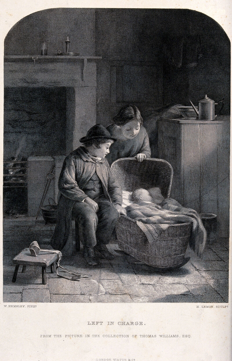 Two young children who have been left to look after a baby in a crib. Engraving by H. Lemon, 1870, after W. Hemsley., 1870, by William Hemsley