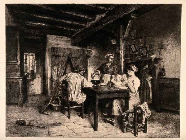 A family round a table with a young woman feeding her baby with her mother preparing a meal. Etching by Ch. Courtry after L. Lhermitte.