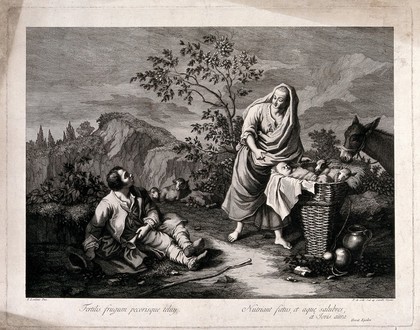 A young woman shows a shepherd a basket with a baby and lambs in it. Engraving by P. de Colle after F. Londonio.