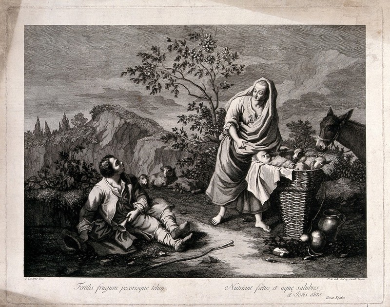A young woman shows a shepherd a basket with a baby and lambs in it. Engraving by P. de Colle after F. Londonio., [between 1700 and 1799?], by Francesco Londonio