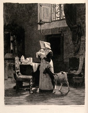 view A baby is being taken care of by a nun in a convent. Etching by Alberto Maso Gilli after himself.