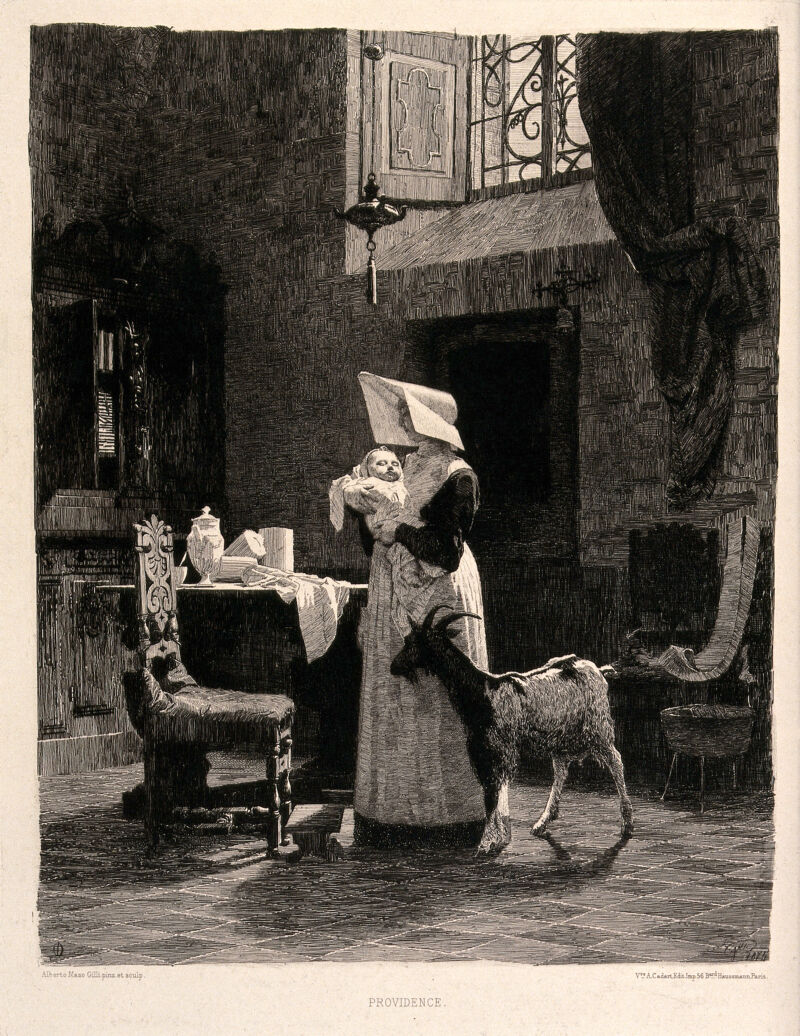 A baby is being taken care of by a nun in a convent. Etching by Alberto Maso Gilli after himself., 1871, by Alberto Maso Gilli