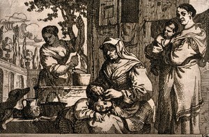 view A woman delouses a child and another woman waits with her child. Etching by J.B. de Wael.