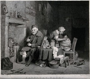 view An old man sits by the fire while a woman washes a young child's face over a bowl of water on a chair. Engraving by T. Mitchell after D. Wilkie R.A.