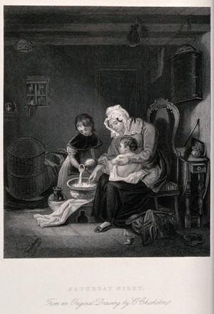 view A woman prepares to bathe a baby aided by an older girl who pours water into a bowl. Engraving after A. Chisholm.